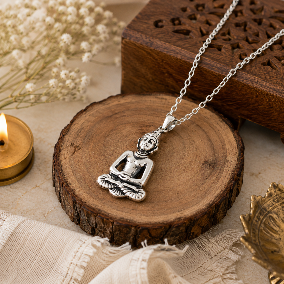 Gautam Buddha pendant in brass antique silver finish on silver chain resting on wooden slice with carved jali wooden box, dried white baby breath flowers and lit gold tealight candle
