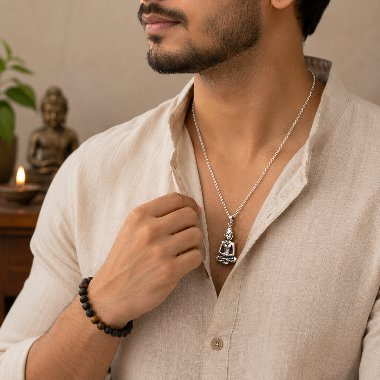 Gautam Buddha pendant infographic showing size 32mm, weight 3.66gms, brass with silver finish, peace and mindfulness, positive energy and good fortune, compassion and empathy, spiritual growth
