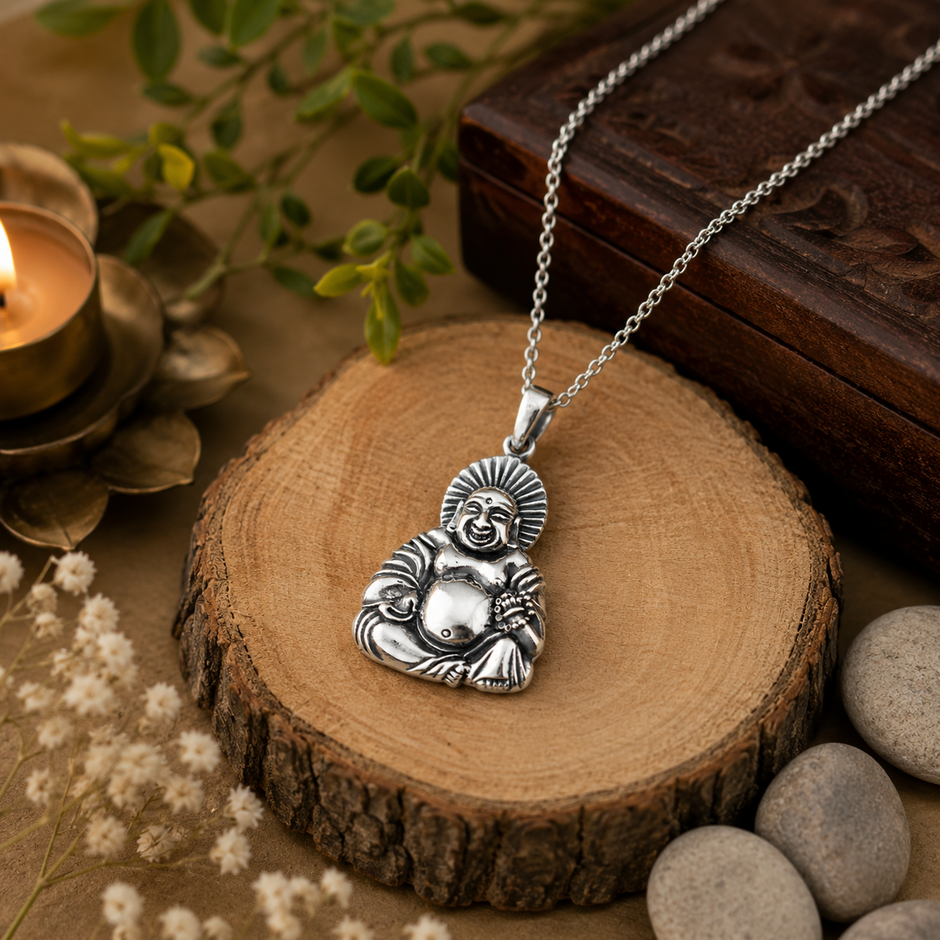 Laughing Buddha pendant in brass antique silver finish on wooden slice with silver chain, lit tealight candle, green leaves and river pebbles on rustic brown background