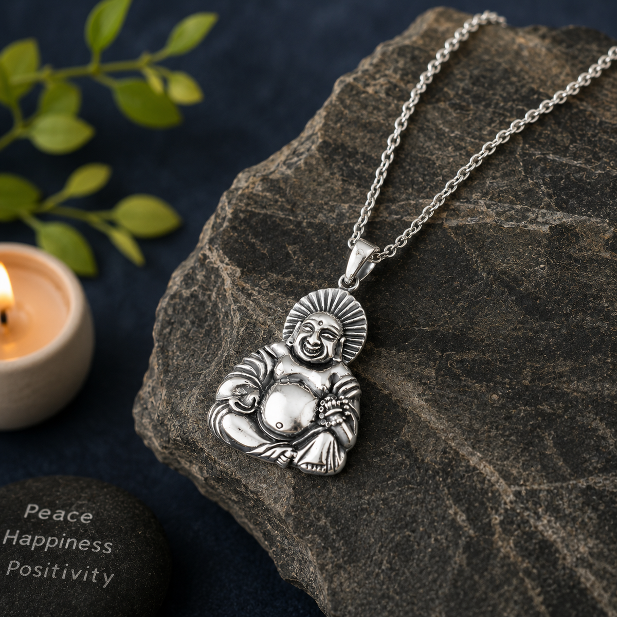 Laughing Buddha pendant in brass antique silver finish on dark grey rock with silver chain, lit candle, green leaves and Peace Happiness Positivity inscription on stone