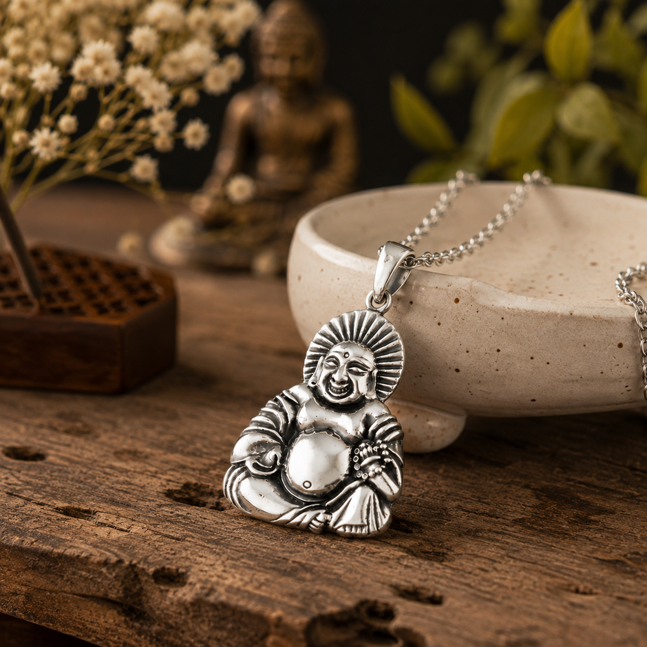 Laughing Buddha pendant in brass antique silver finish on rustic wooden table with silver chain, white ceramic bowl, dried white flowers, carved wooden box and brass Buddha idol in background