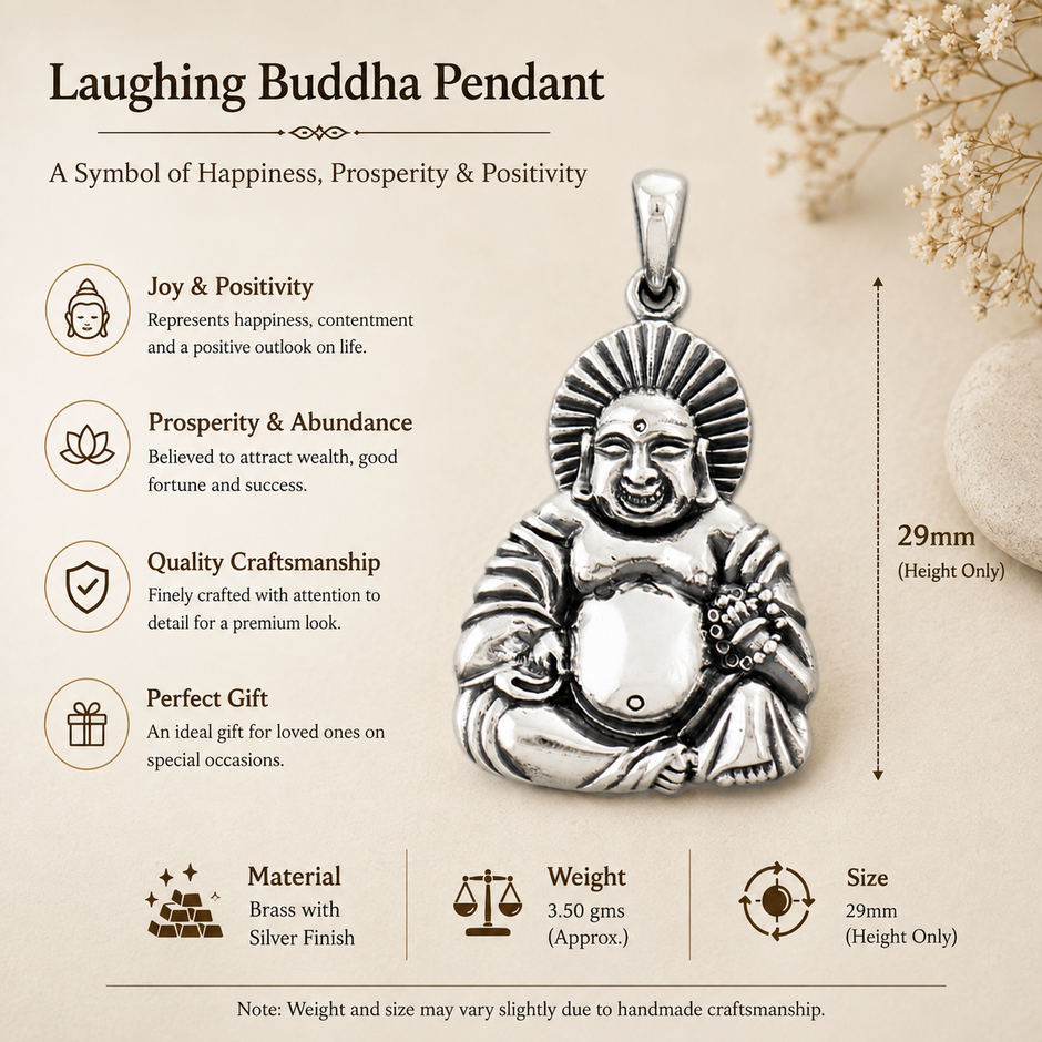 Laughing Buddha pendant infographic showing size 29mm height only, weight 3.50gms approx, brass with silver finish, joy and positivity, prosperity and abundance, quality craftsmanship, perfect gift