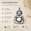 Laughing Buddha pendant infographic showing size 29mm height only, weight 3.50gms approx, brass with silver finish, joy and positivity, prosperity and abundance, quality craftsmanship, perfect gift