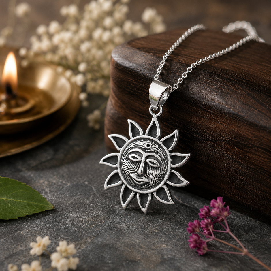 Surya Dev Sun God pendant in brass antique silver finish on silver chain hanging against dark wooden slice with lit brass diya, white baby breath flowers and pink wildflowers on dark grey slate