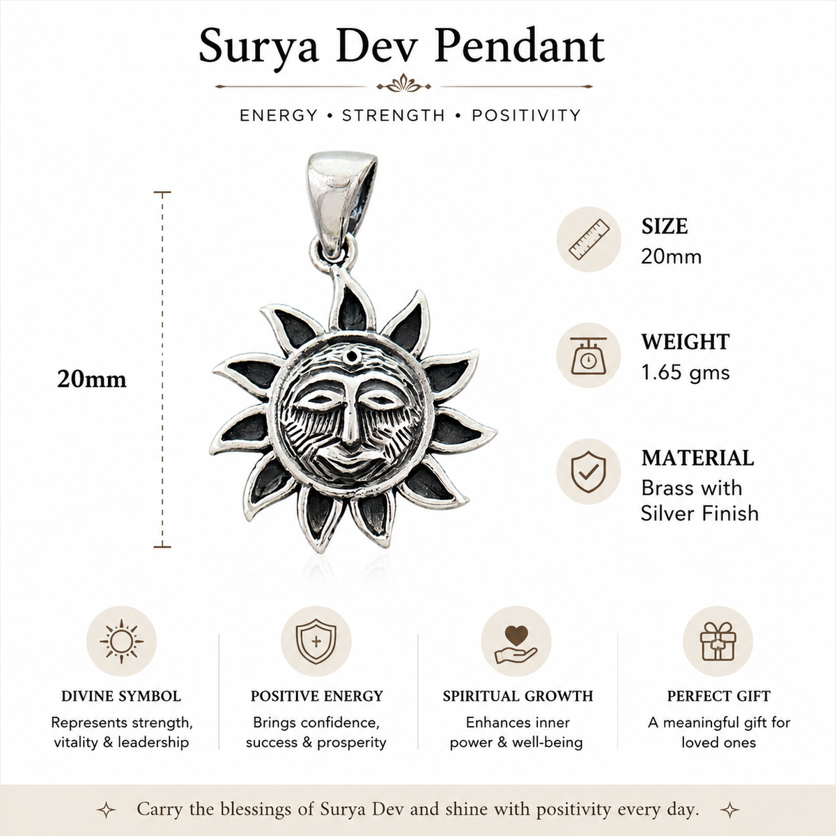 Surya Dev pendant infographic showing size 20mm, weight 1.65gms, brass with silver finish, divine symbol of strength vitality and leadership, positive energy brings confidence success and prosperity, spiritual growth enhances inner power and well-being, perfect gift for loved ones