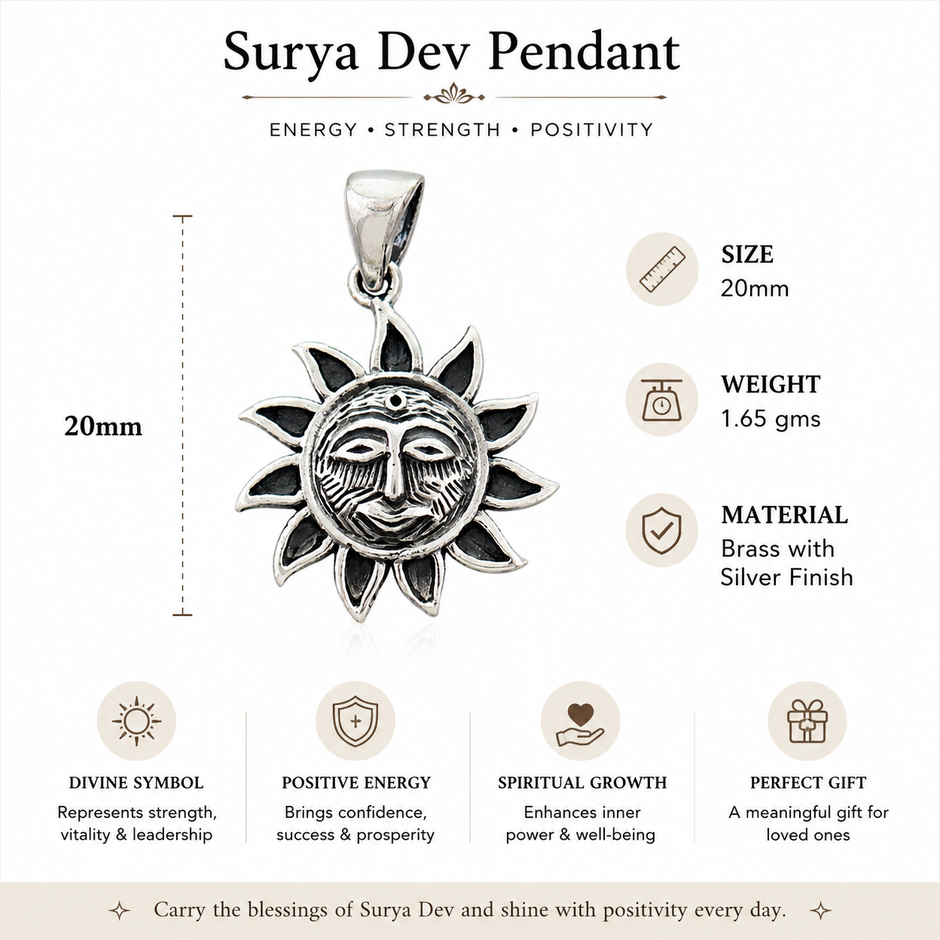 Surya Dev pendant infographic showing size 20mm, weight 1.65gms, brass with silver finish, divine symbol of strength vitality and leadership, positive energy brings confidence success and prosperity, spiritual growth enhances inner power and well-being, perfect gift for loved ones