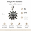 Surya Dev pendant infographic showing size 20mm, weight 1.65gms, brass with silver finish, divine symbol of strength vitality and leadership, positive energy brings confidence success and prosperity, spiritual growth enhances inner power and well-being, perfect gift for loved ones