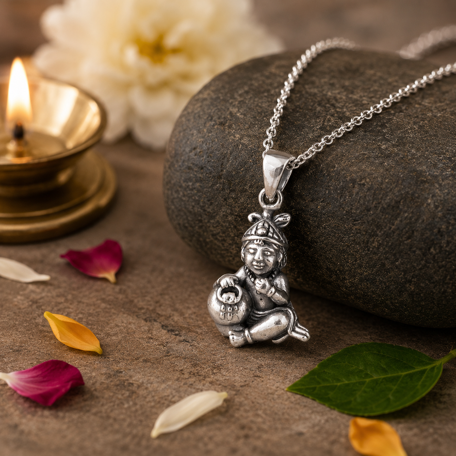 Laddu Gopal Baby Krishna pendant in brass antique silver finish on silver chain resting on dark grey river pebble with lit brass diya, red and white rose petals and green leaves on brown stone background