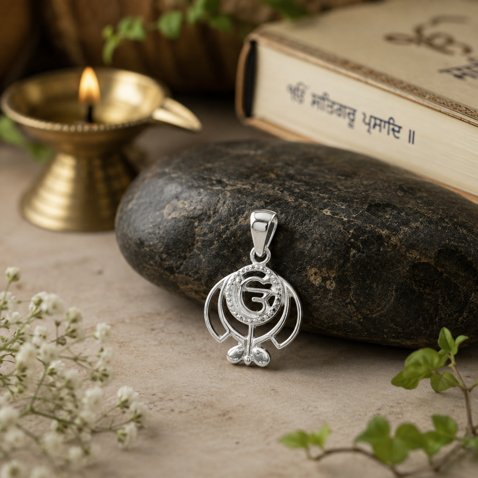 Khanda Pendant in Brass with Silver Finish on dark stone with Guru Granth Sahib and diya — spiritual setting