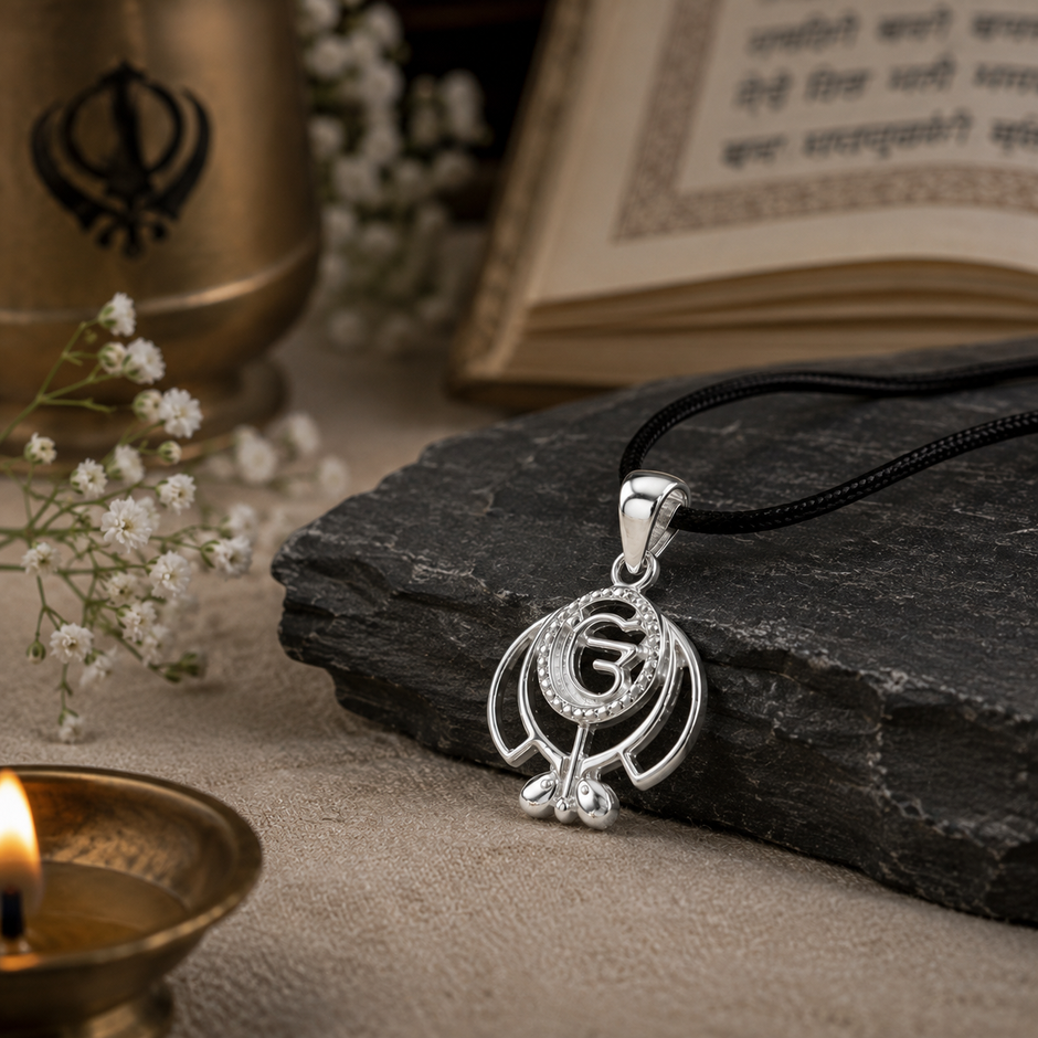 Khanda Pendant on black cord draped over dark slate rock with diya and white flowers — unisex daily wear