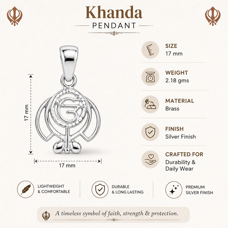 Khanda Pendant size specification — 17mm x 17mm, 2.18g, Brass with Silver Finish, Lightweight & Durable for Daily Wear