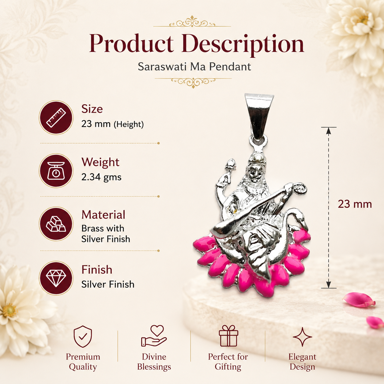 Maa Saraswati pendant infographic showing silver finish with pink enamel lotus, brass Saraswati idol, wisdom knowledge and divine grace, perfect gift for students artists and devotees