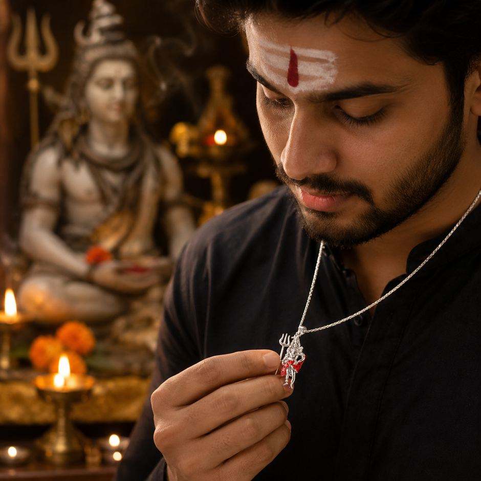 Mahadev Ji standing Shiva brass silver finish pendant with red enamel dotted dhoti on silver chain leaning on white marble block with lit brass diya, pink rose petals and white jasmine flowers on cream satin background beauty product shot