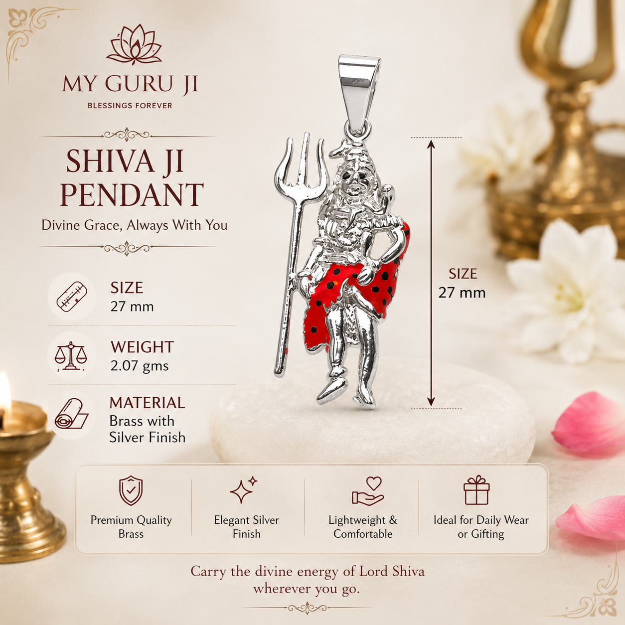 Man in black kurta with sacred white tilak and red bindi on forehead devotionally holding Mahadev Ji standing Shiva brass silver red enamel pendant on silver chain with Shiva idol, lit brass diyas and marigold flowers in home temple background