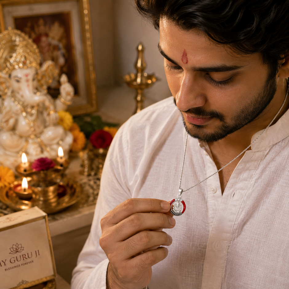 Ganesh Ji brass silver finish pendant with red enamel ring CZ crown and black sunburst rays on silver chain on rough sandstone rock with brass Ganesha idol, My Guru Ji branded box, lit brass diya, pink chrysanthemum, marigold and red rose petals