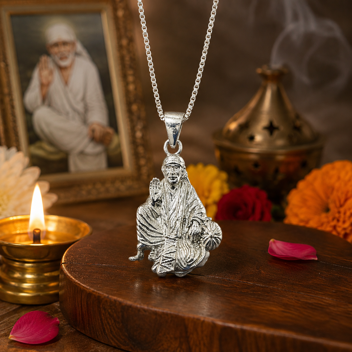 Sai Baba brass silver finish pendant on silver box chain resting on round dark wood slice with framed Sai Baba photograph, lit brass diya, brass incense holder with smoke, orange marigold flower, red rose and pink rose petals in warm devotional background