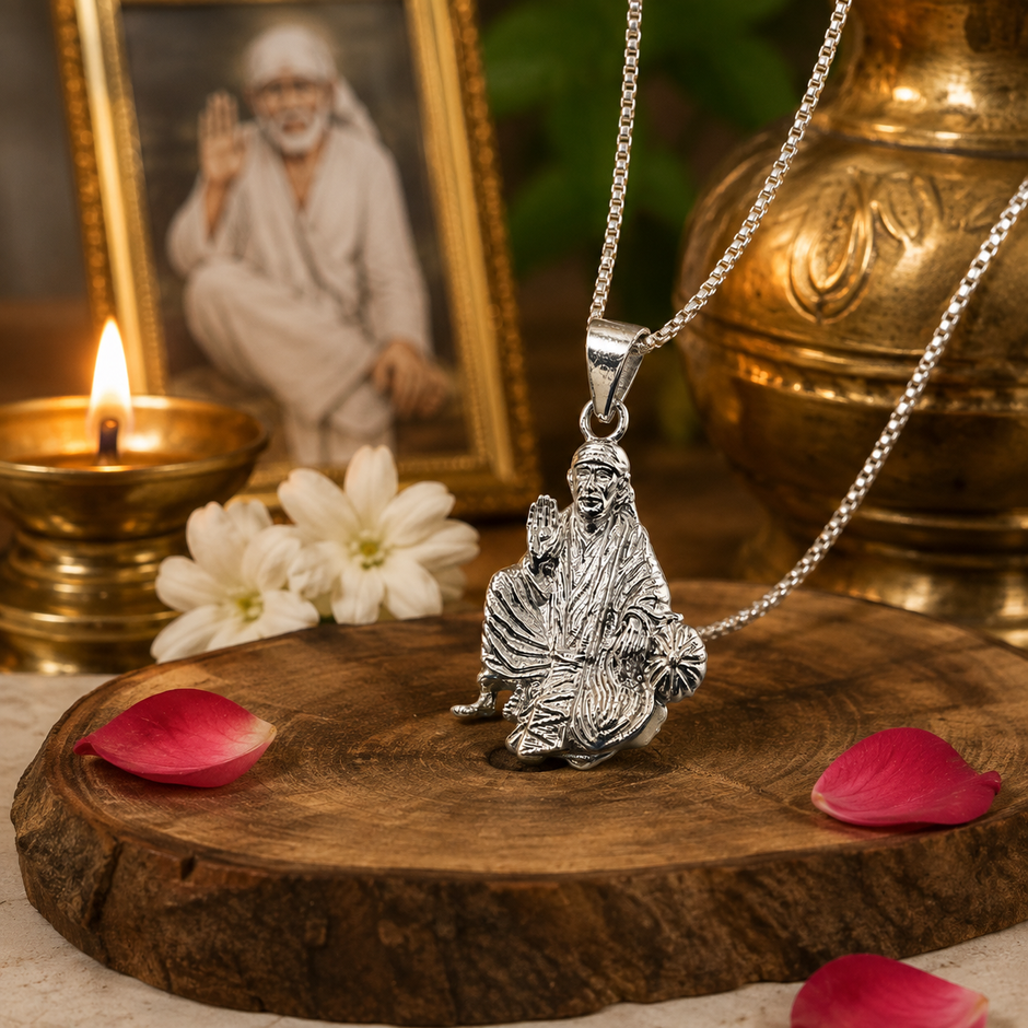 Sai Baba brass silver finish pendant on silver box chain resting on round dark wood slice with framed Sai Baba photograph, brass engraved kalash vase, lit brass diya, white jasmine flowers and red rose petals on cream linen background