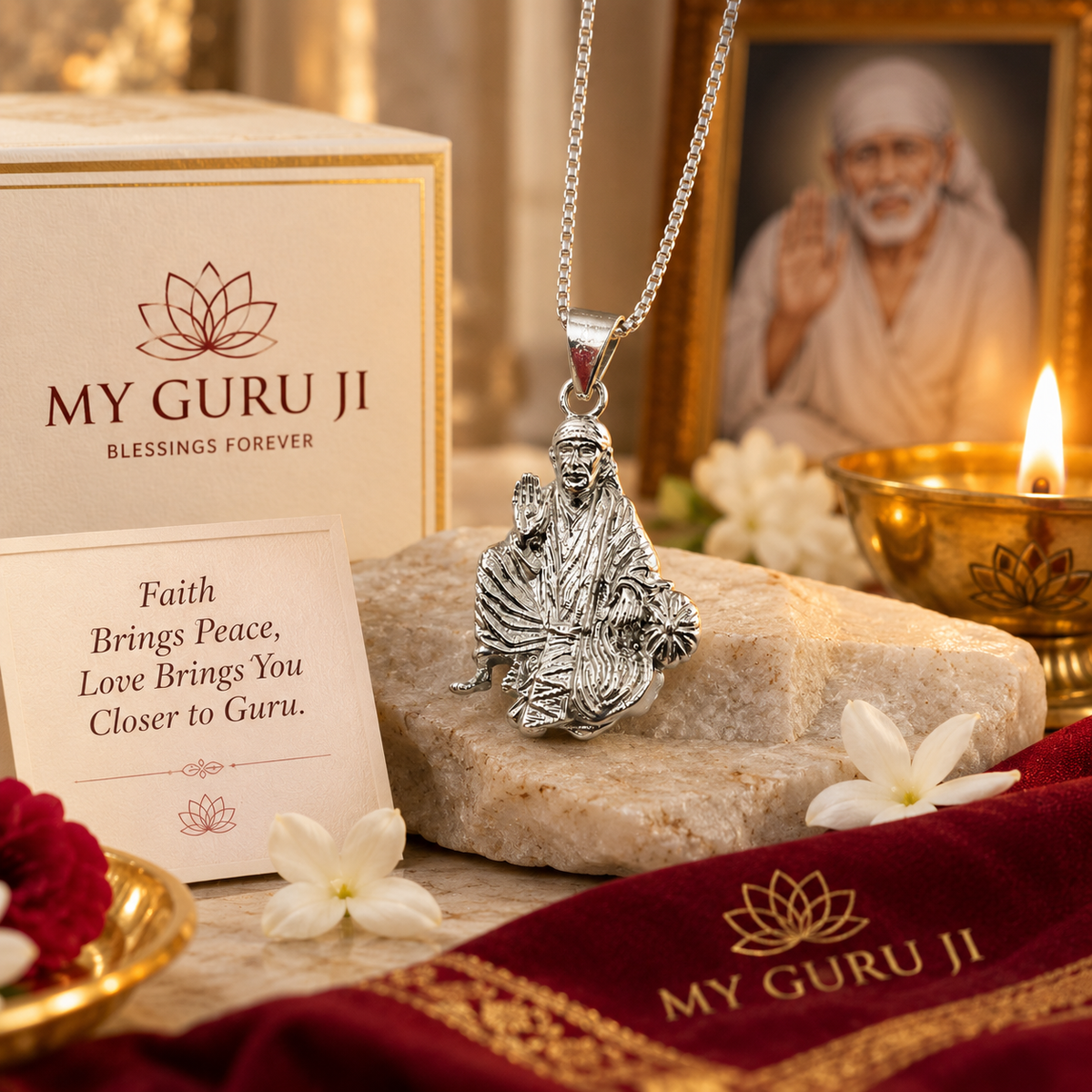 Sai Baba brass silver finish pendant on silver box chain resting on beige stone slab with My Guru Ji branded white gift box reading Faith Brings Peace Love Brings You Closer to Guru, framed Sai Baba photograph, lit brass diya, white jasmine flowers and red rose petals