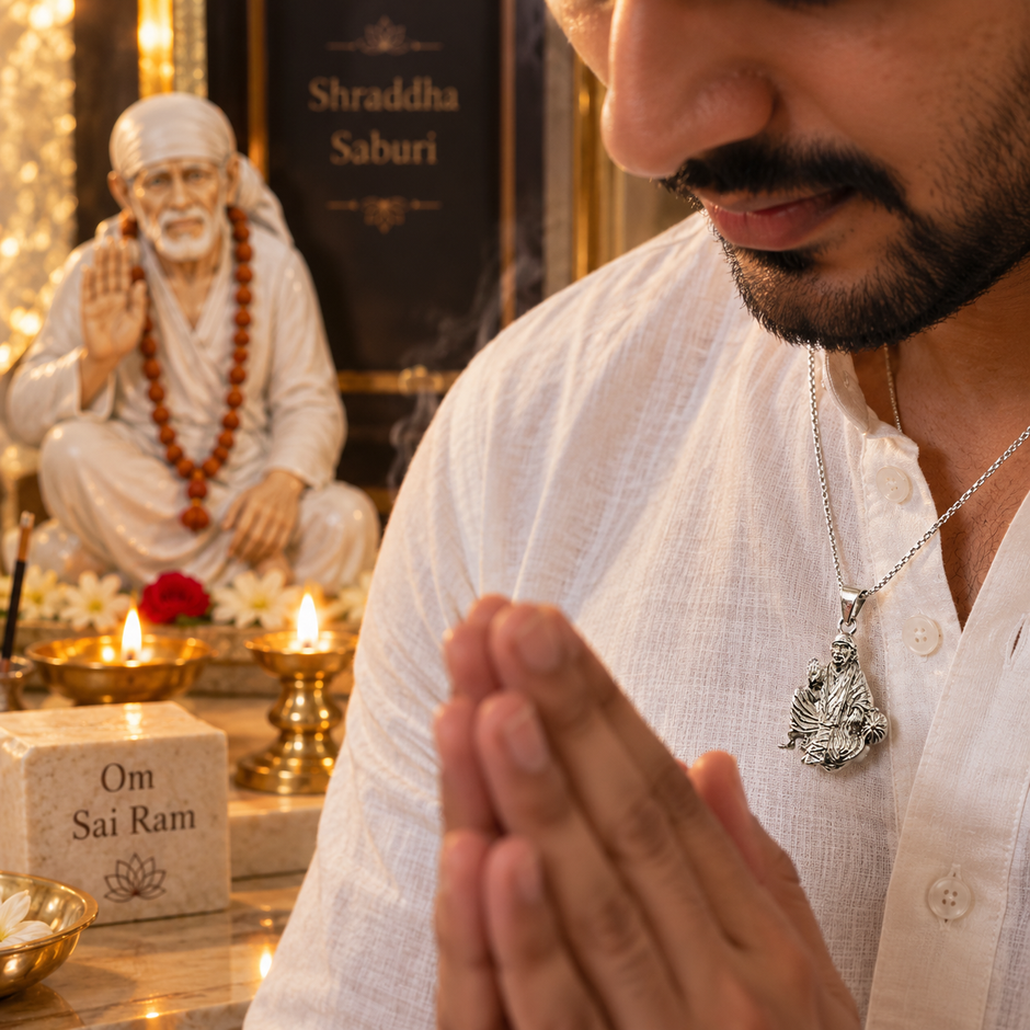 Sai Baba brass silver finish pendant on silver box chain resting on beige stone slab with My Guru Ji red velvet pouch and branded white gift box, framed Sai Baba photograph, lit brass diya, white jasmine flowers and red rose petals in warm light