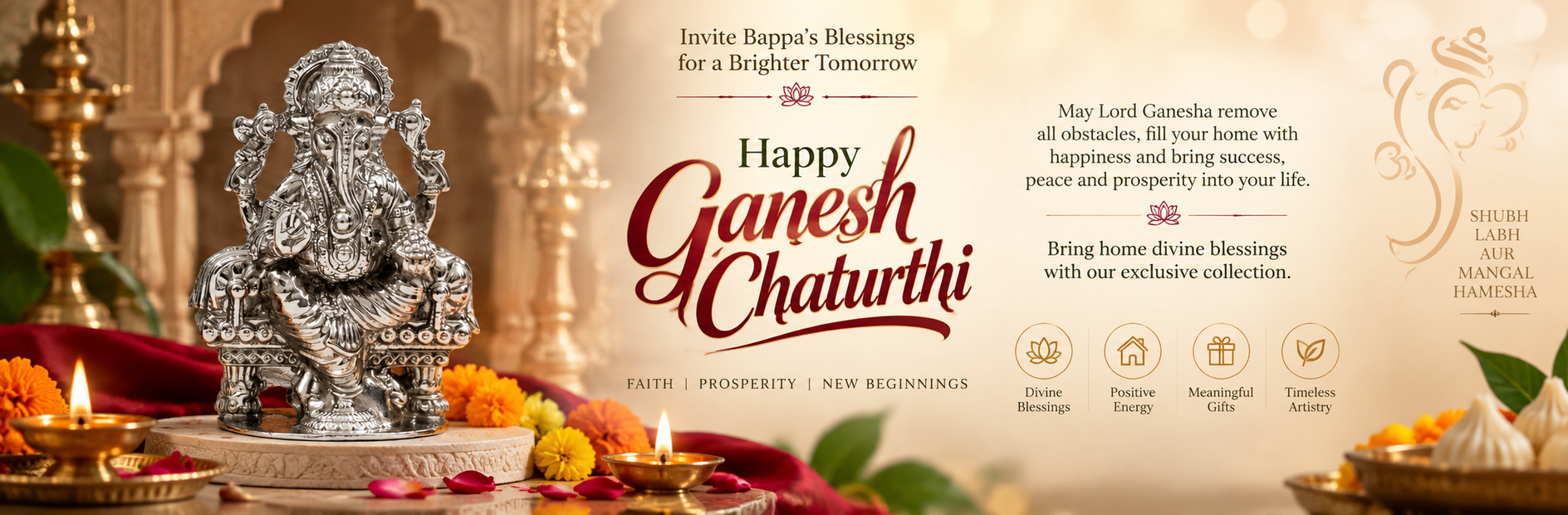 Ganesh Chaturthi promotional banner featuring a silver statue of Lord Ganesha, lit oil lamps, flowers, and decorative text on a warm beige background.