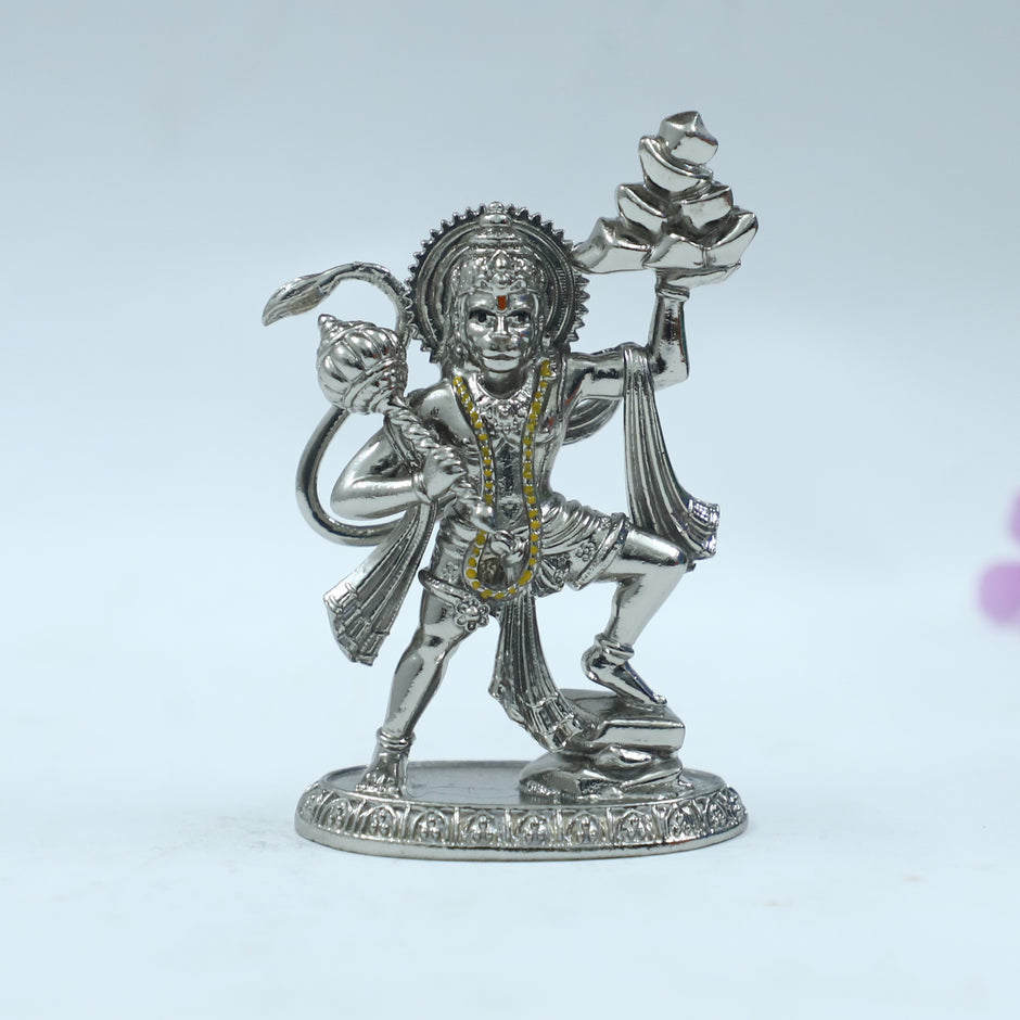 God Hanuman Murti Silver Finish Brass Idol | Sankat Mochan Bajrangbali Murti for Home & Office