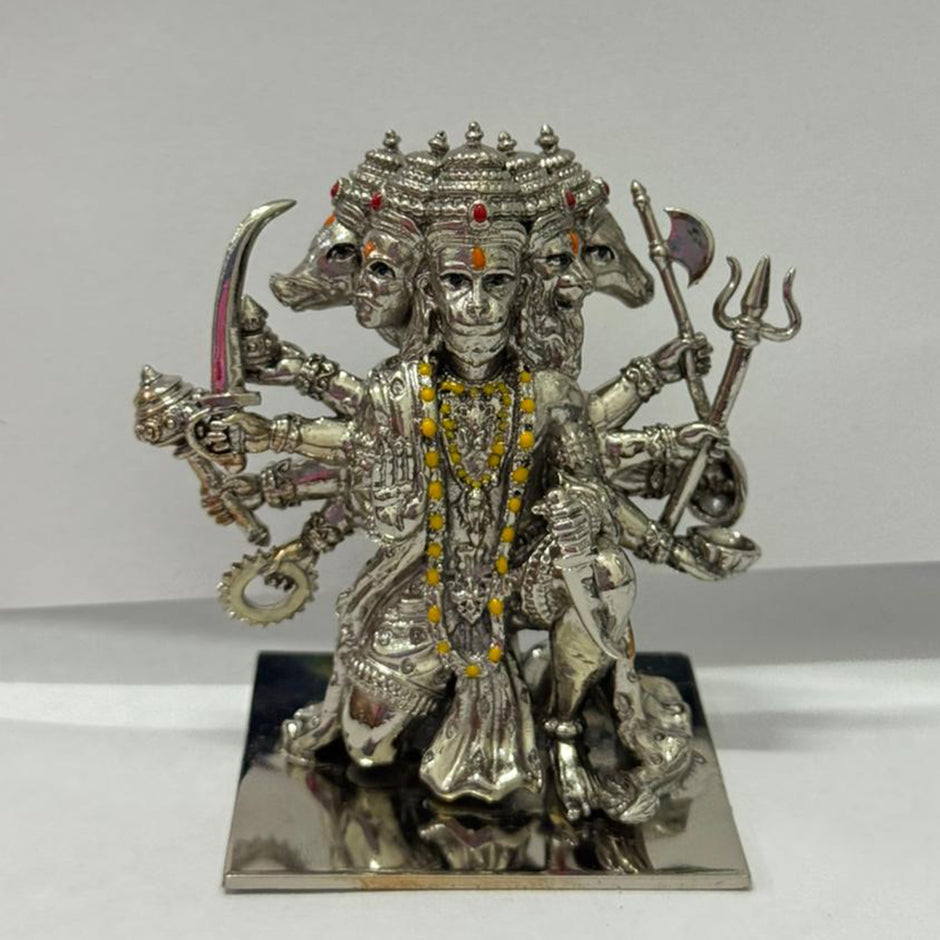 Panchmukhi Hanuman Idol in Brass with Silver Finish – Multi-Face Hanuman Ji Murti for Home & Office