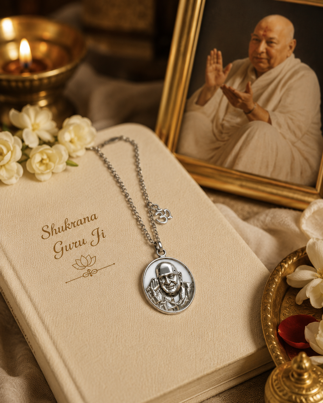 Shukrana Guru Ji Pendant with Chain made of brass with silver finish featuring Bade Mandir Wale Guru Ji and Om charm for daily spiritual wear.