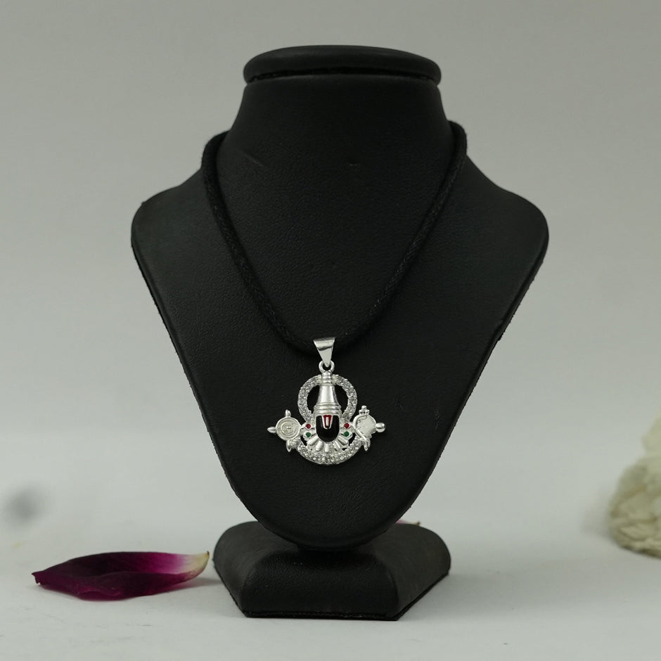 My Guru Ji silver finish brass Balaji Shankh Chakra pendant featuring intricate devotional symbols on a black stand.