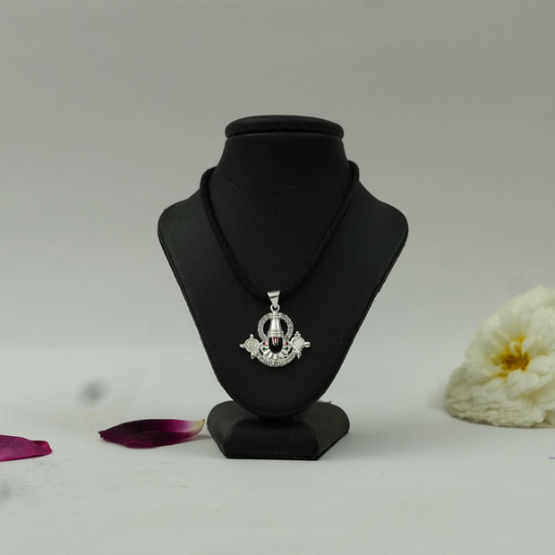My Guru Ji silver finish brass pendant featuring Balaji Shankh and Chakra symbols on a black display stand