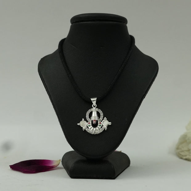 My Guru Ji silver finish brass Balaji Shankh Chakra pendant featuring intricate devotional symbols on a black stand.