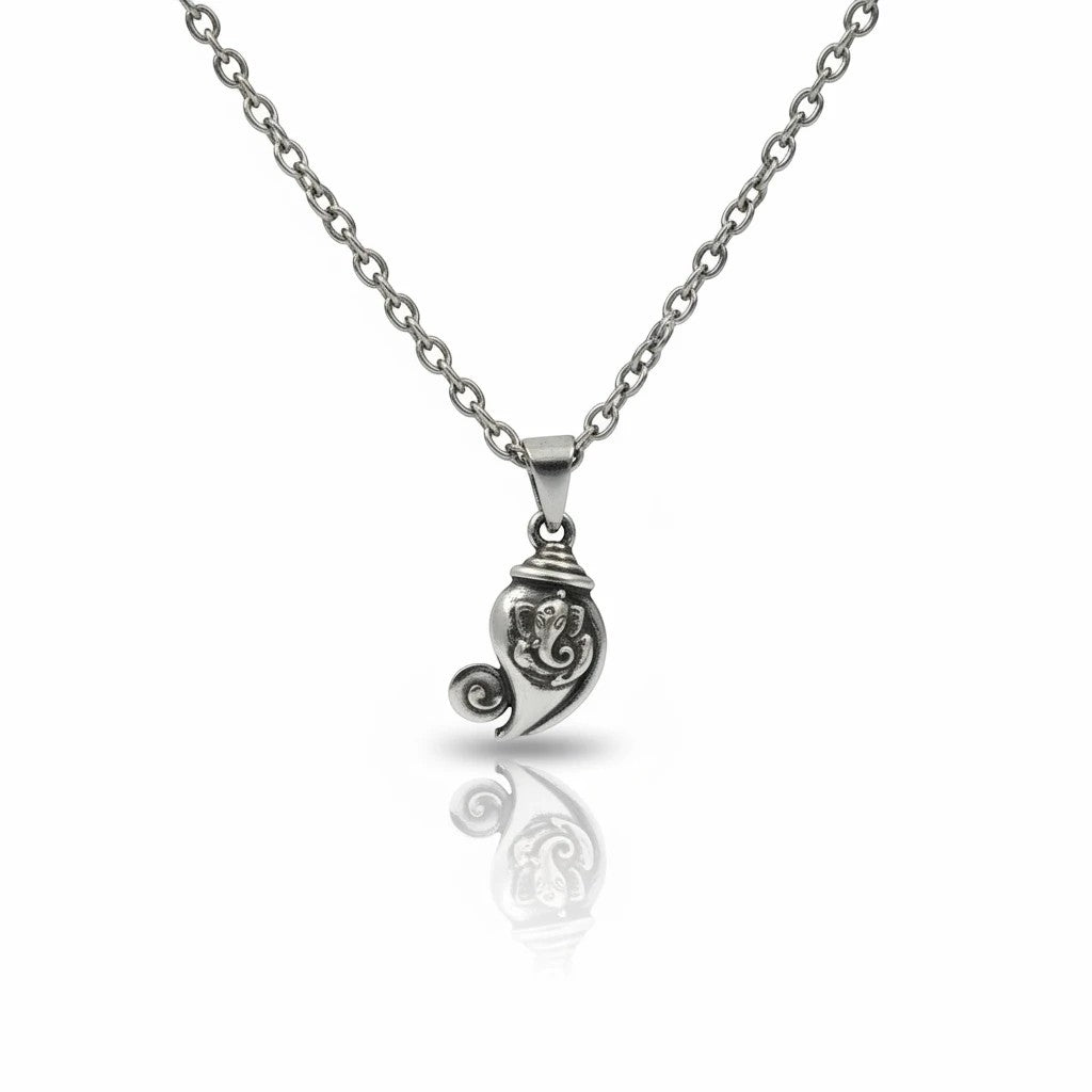 My Guru Ji silver plated brass Lord Ganesha pendant featuring an artistic Om swirl design for spiritual daily wear.