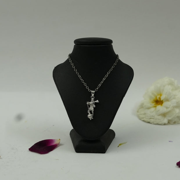 My Guru Ji silver finish brass pendant featuring Lord Hanuman holding a Gada on a black display stand.