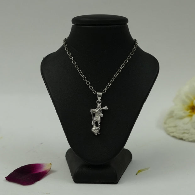 My Guru Ji silver-finish brass pendant featuring Lord Hanuman holding a Gada, displayed on a black mannequin bust.