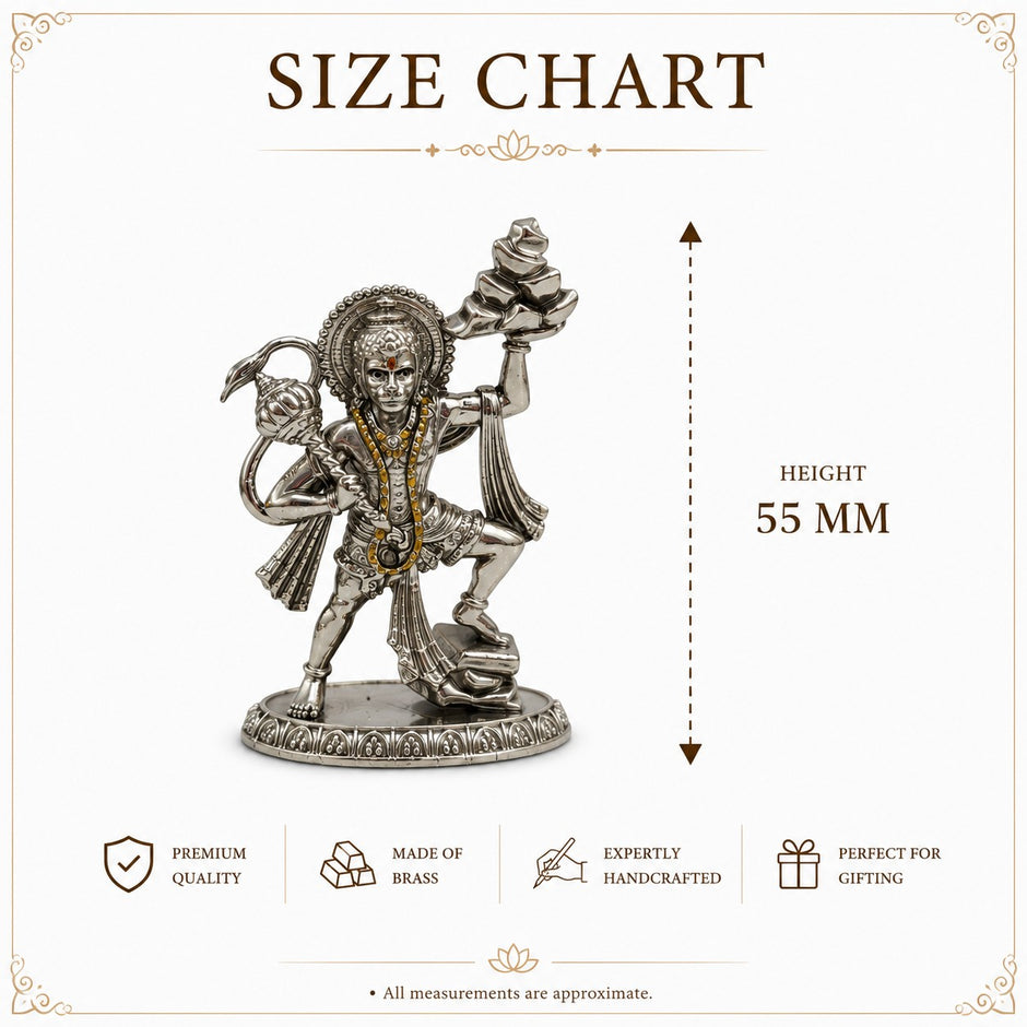 My Guru Ji silver finish brass Veer Hanuman Ji idol carrying Sanjeevani mountain, 55mm tall for home temple decor.
