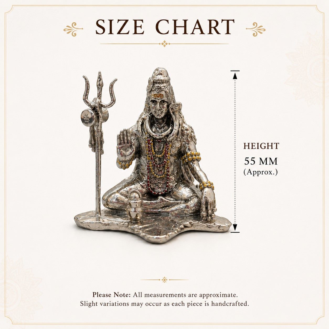 My Guru Ji handcrafted brass Lord Shiva idol with silver finish, featuring a trishul and shivling, 55mm height.