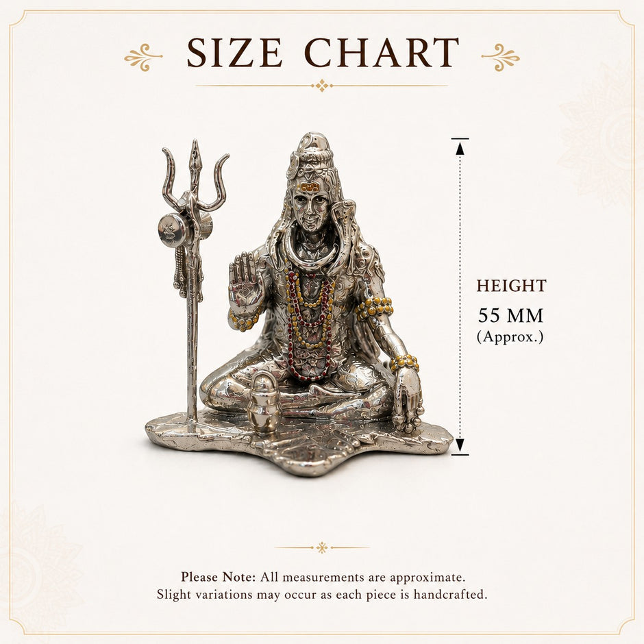 My Guru Ji handcrafted brass Lord Shiva idol with silver finish, featuring a trishul and shivling, 55mm height.