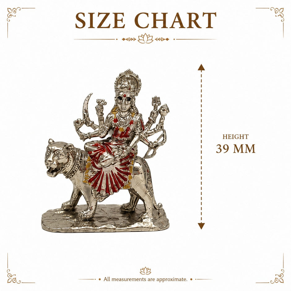 My Guru Ji Maa Durga idol on lion, 39mm brass statue with silver finish and hand-painted red accents for home temple.