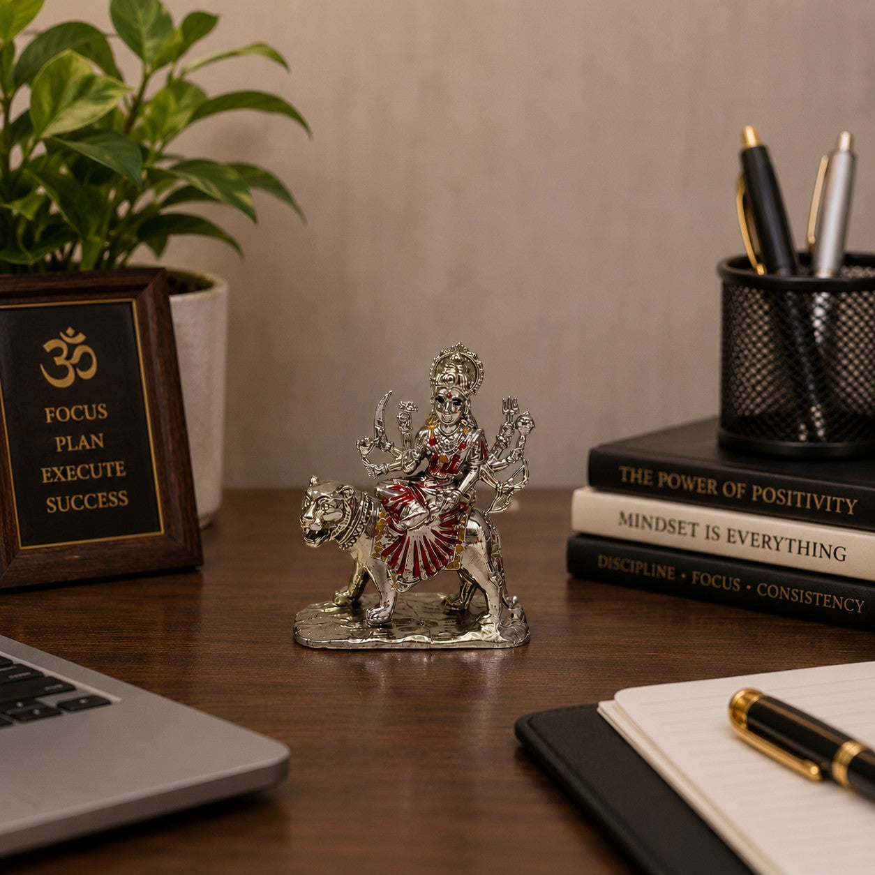 My Guru Ji 39mm brass Maa Durga idol with silver finish, seated on a lion, displayed on an office desk.