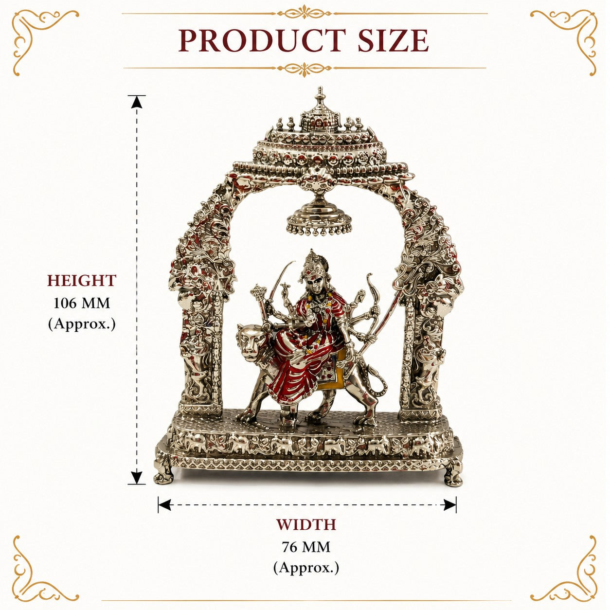 My Guru Ji Maa Durga brass idol with silver finish, seated on a lion under a decorative temple arch with dimensions.