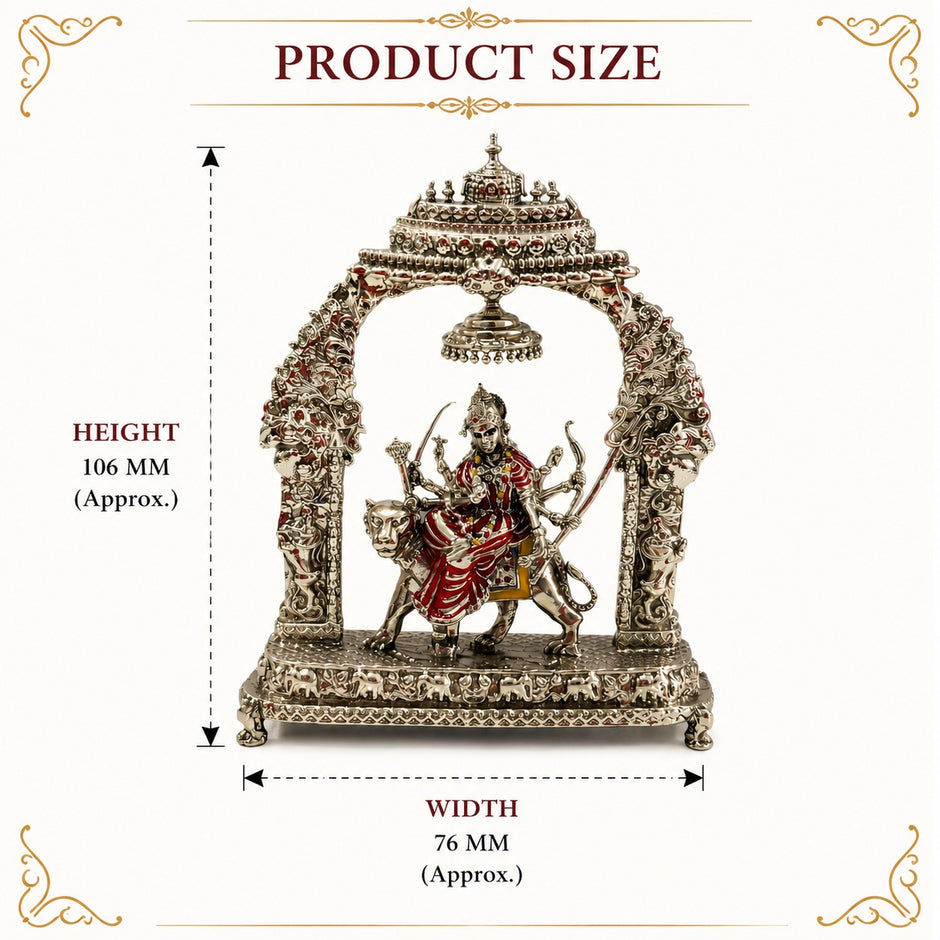 My Guru Ji Maa Durga brass idol with silver finish, seated on a lion under a decorative temple arch with dimensions.