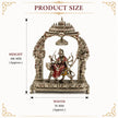 My Guru Ji Maa Durga brass idol with silver finish, seated on a lion under a decorative temple arch with dimensions.