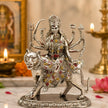 My Guru Ji brass Maa Durga idol with silver finish, featuring intricate details of the goddess seated on her lion.