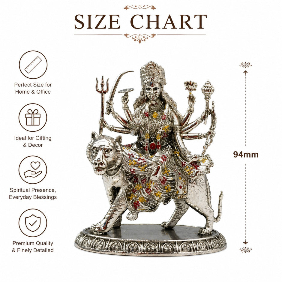 My Guru Ji 94mm brass Maa Durga idol with silver finish, featuring intricate details of the goddess seated on a lion.