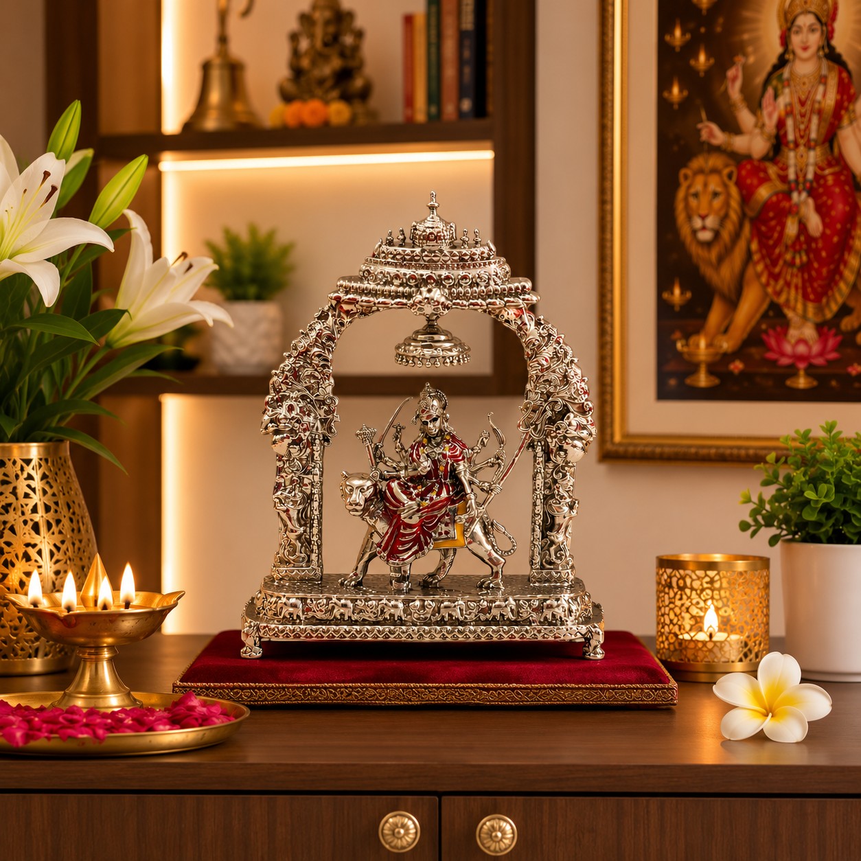 My Guru Ji Maa Durga brass idol with silver finish, seated on a lion under an ornate temple arch for home mandir decor.