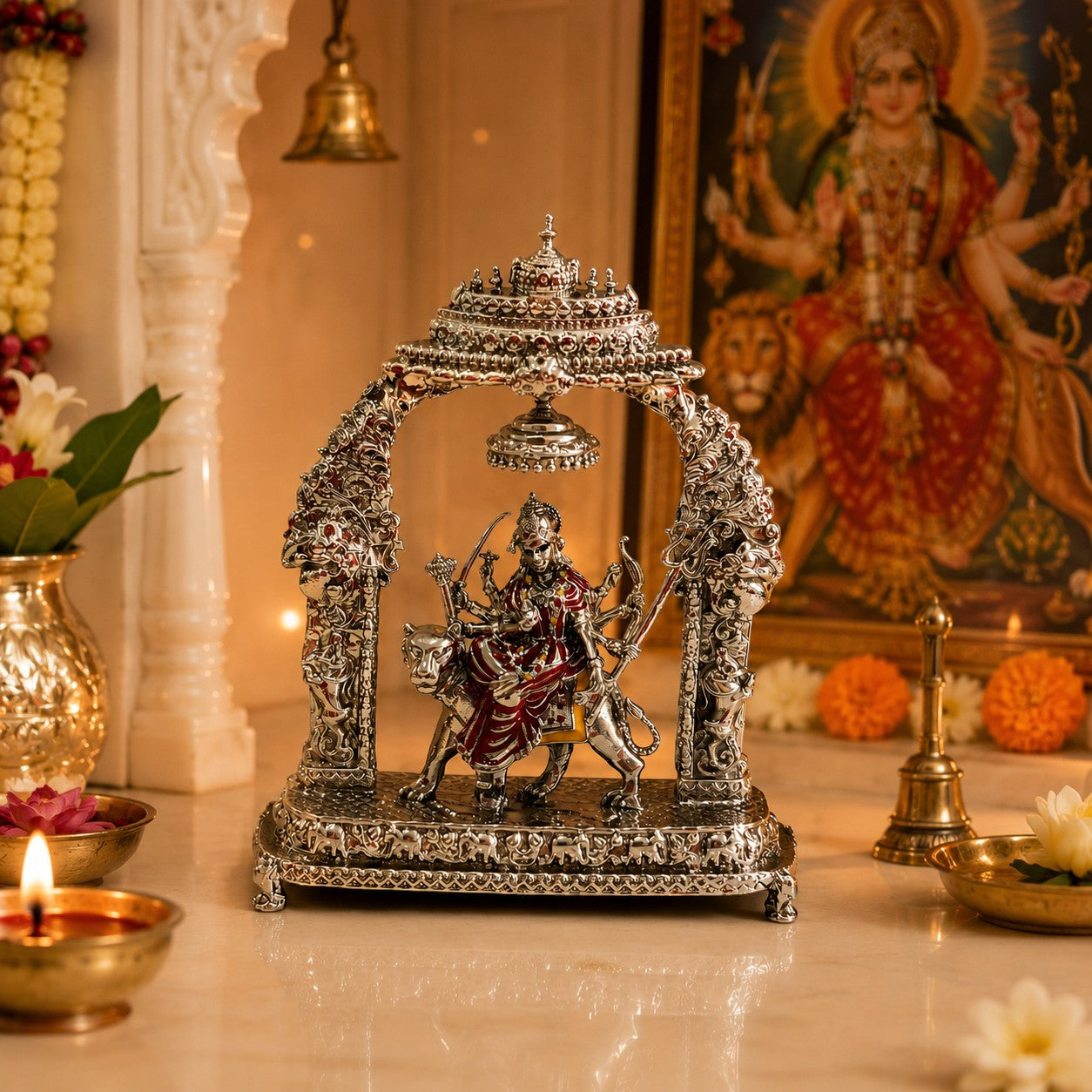 My Guru Ji Maa Durga idol in silver finish brass, seated on a lion under an ornate temple arch with a hanging bell.
