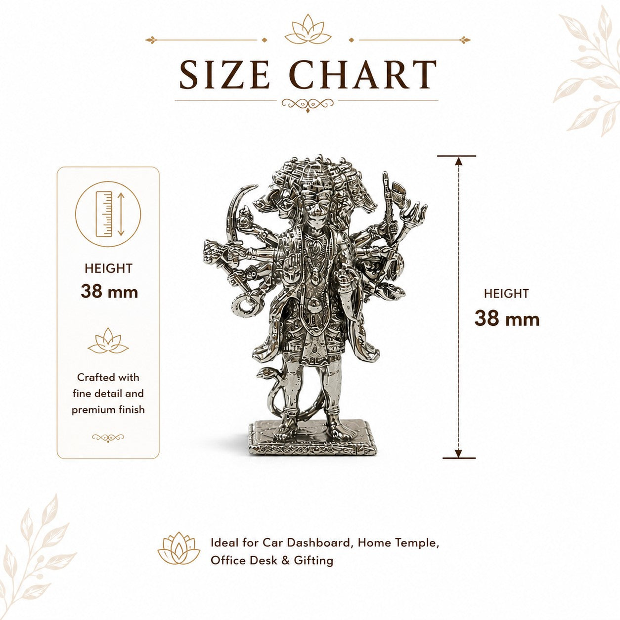 My Guru Ji miniature standing Panchmukhi Hanuman idol in premium brass with a polished silver finish and 38mm height.