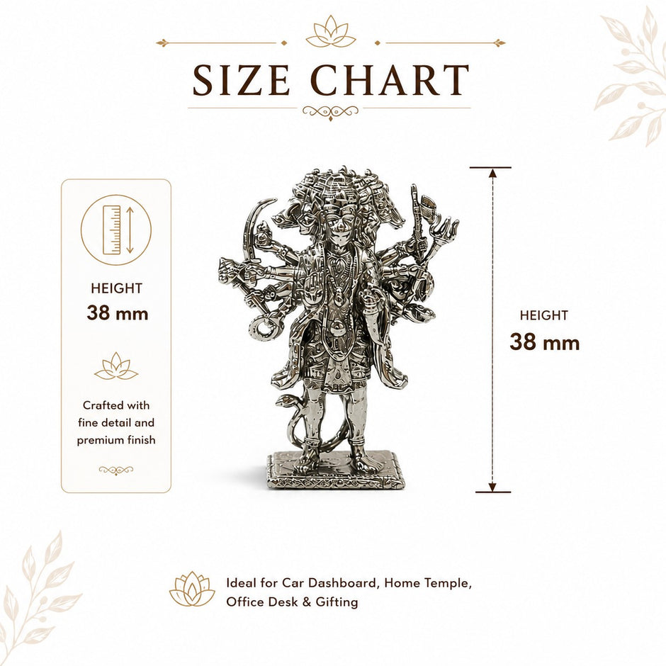 My Guru Ji miniature standing Panchmukhi Hanuman idol in premium brass with a polished silver finish and 38mm height.