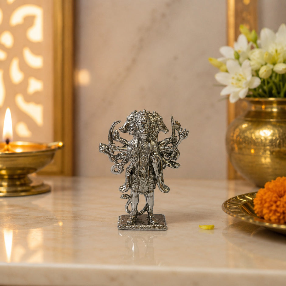 My Guru Ji standing Panchmukhi Hanuman idol in premium brass with a silver finish, displayed on a marble surface.