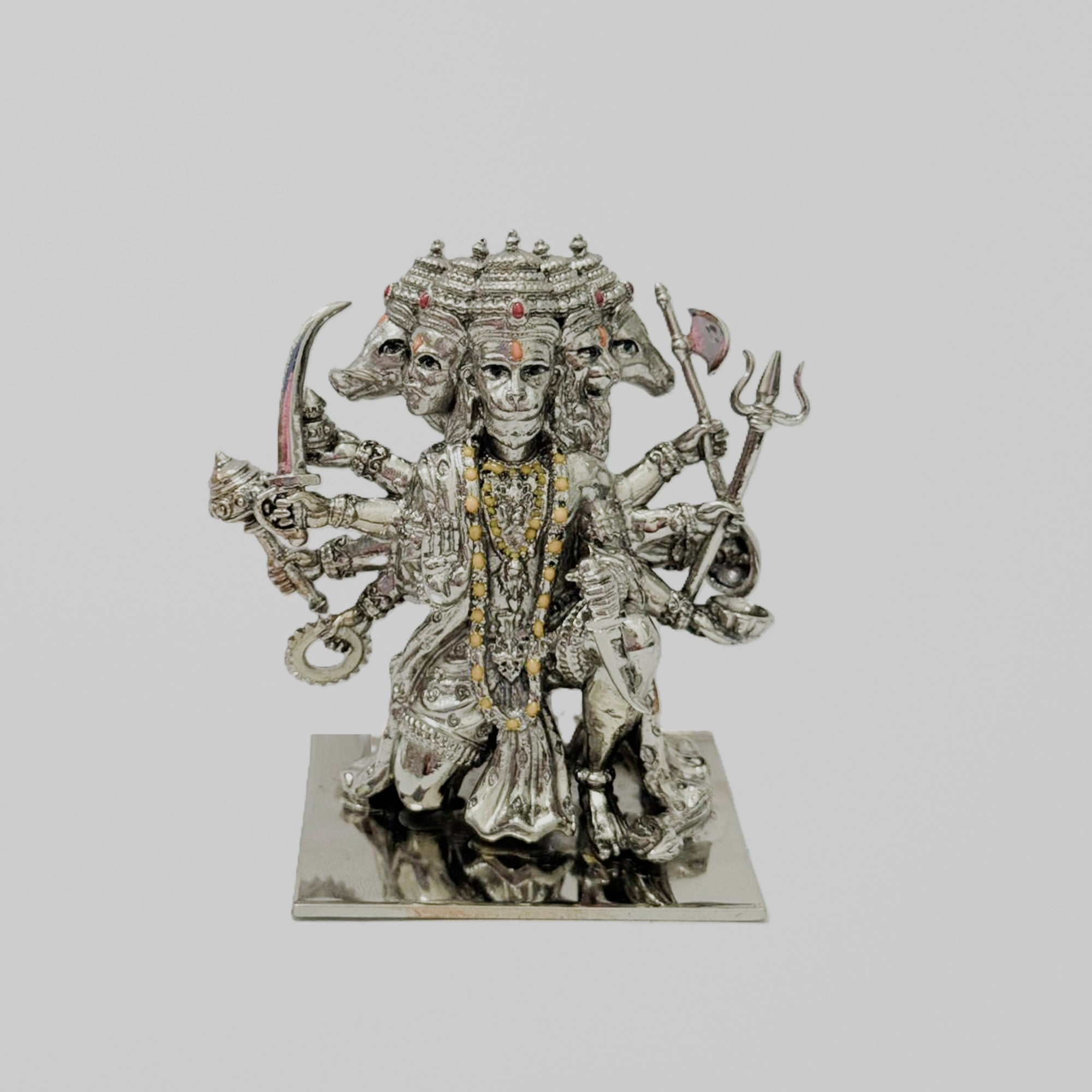 My Guru Ji Panchmukhi Hanuman idol in brass with a silver finish, featuring intricate five-faced detailing for home decor.
