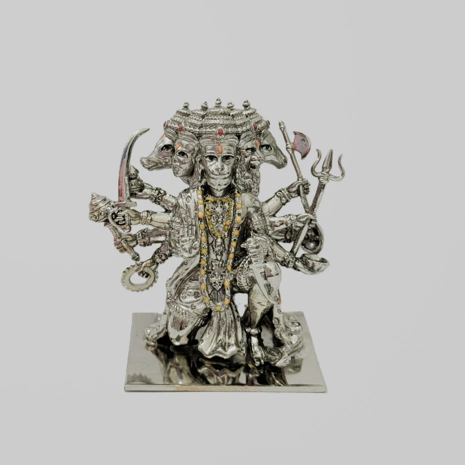 My Guru Ji Panchmukhi Hanuman idol in brass with a silver finish, featuring intricate five-faced detailing for home decor.